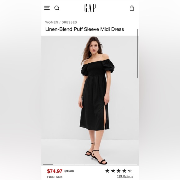 Black Linen-Blend Puff Sleeve Midi Dress from Gap NWT wonderful LBD! - Picture 1 of 8